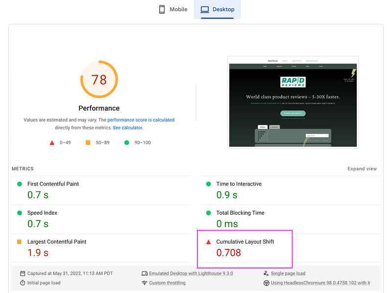 Rapid Reviews CLS to 0: Desktop — Before