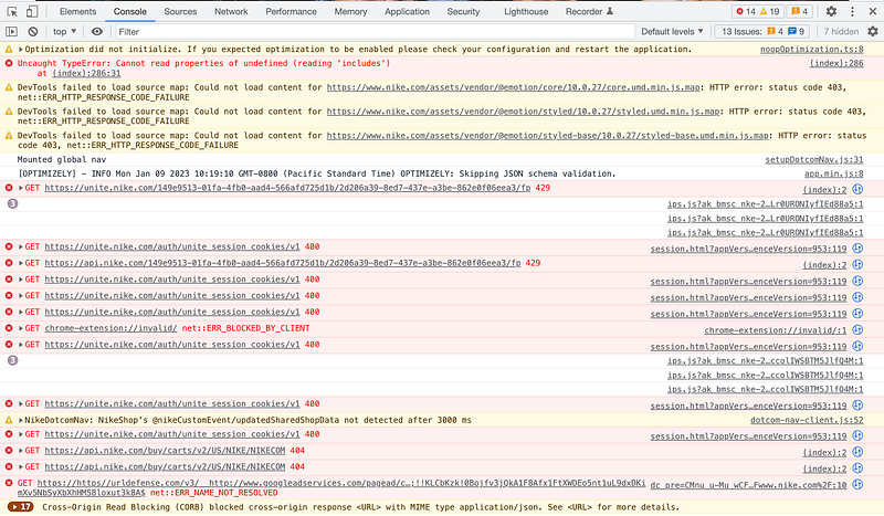 Nike.com console errors and messages on Jan 9, 2023