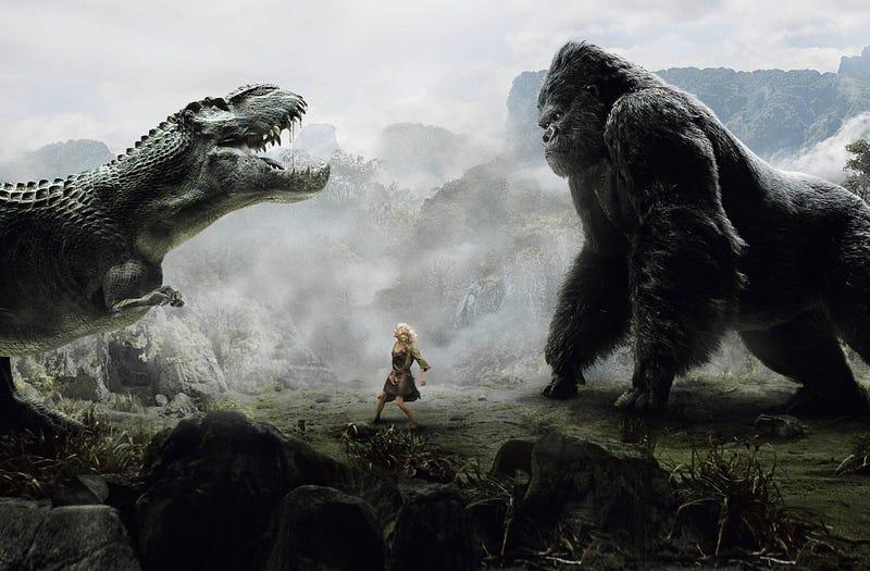 King Kong Software vs. T-Rex Software while Lady Automation looks on in dismay.