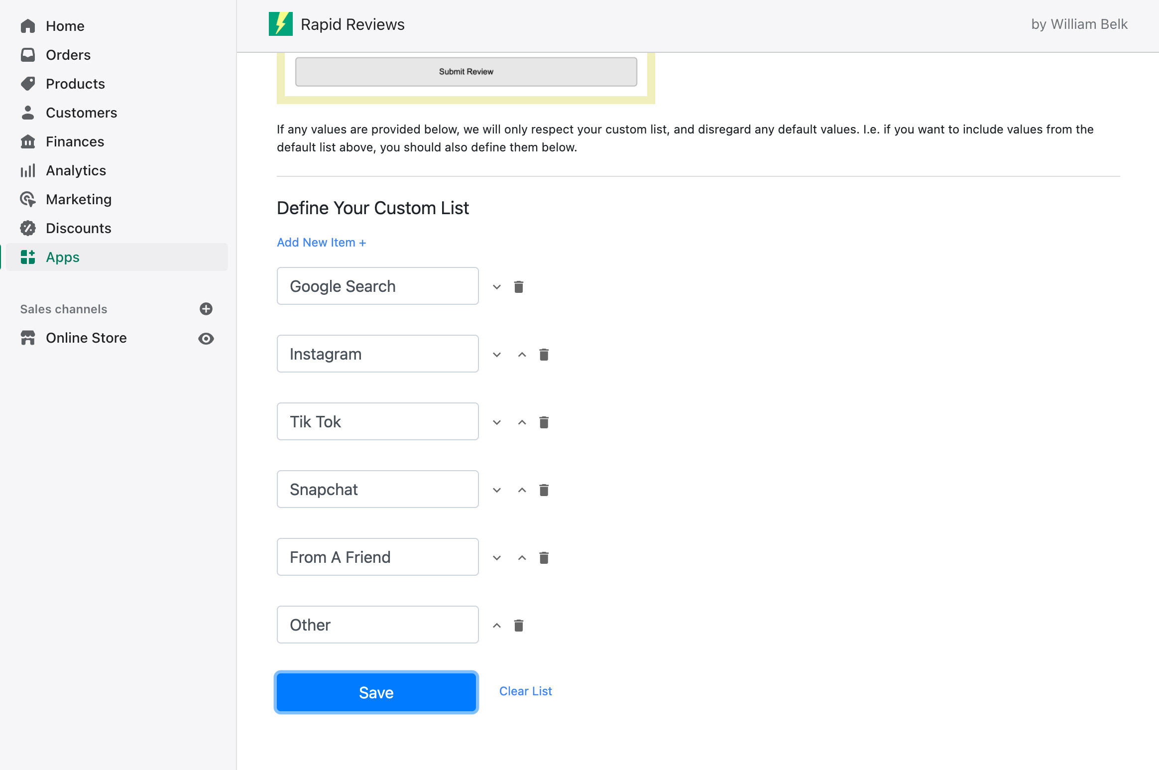 Shopify Product Reviews Custom Referral Sources Admin