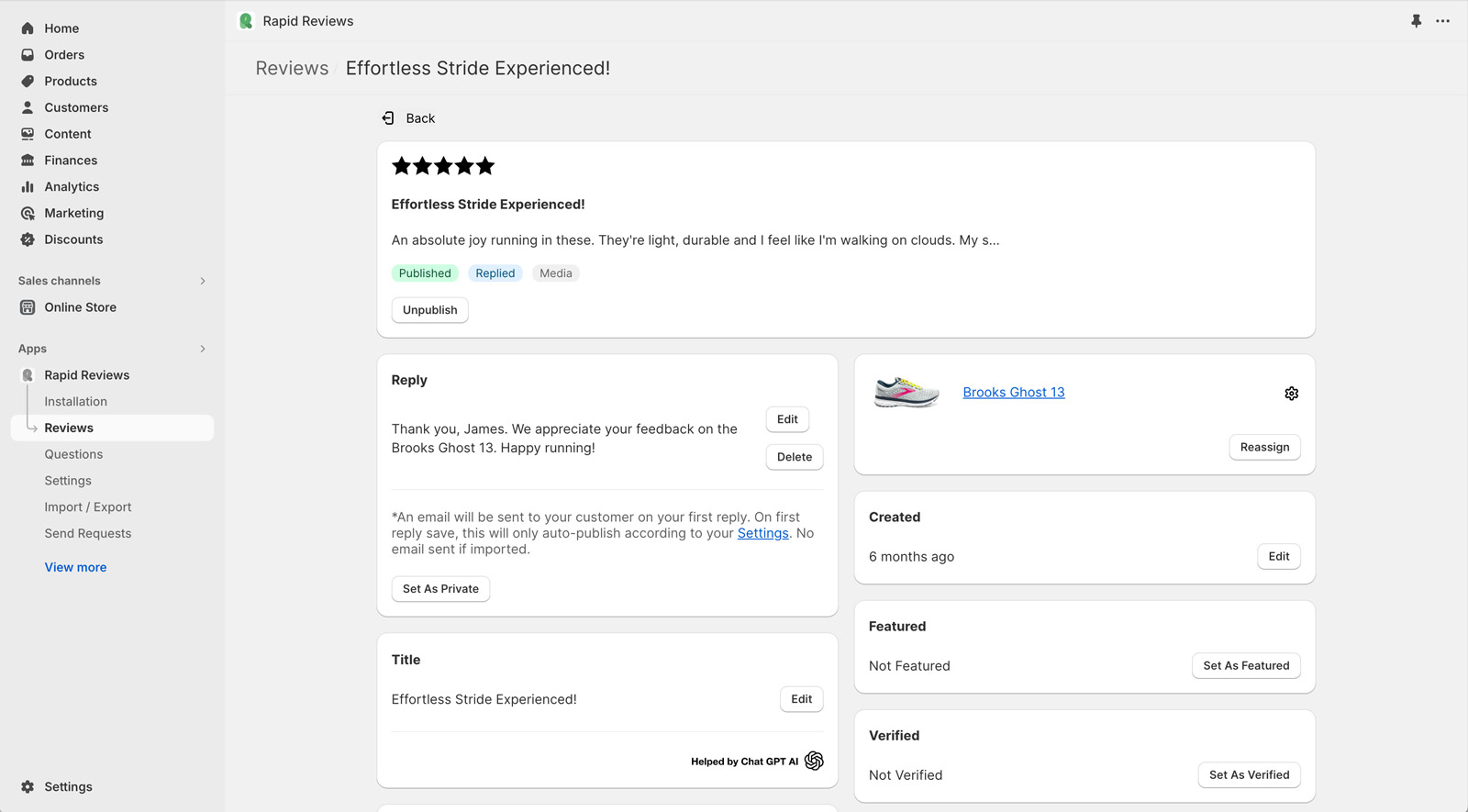 Shopify Product Reviews & Replies Admin Detail