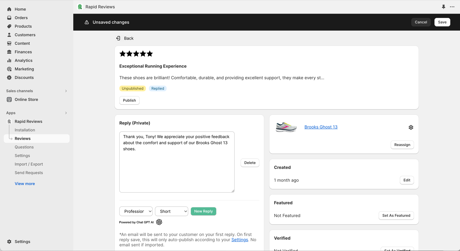 Rapid Reviews Chat GPT AI Shopify Product Reviews Admin UI