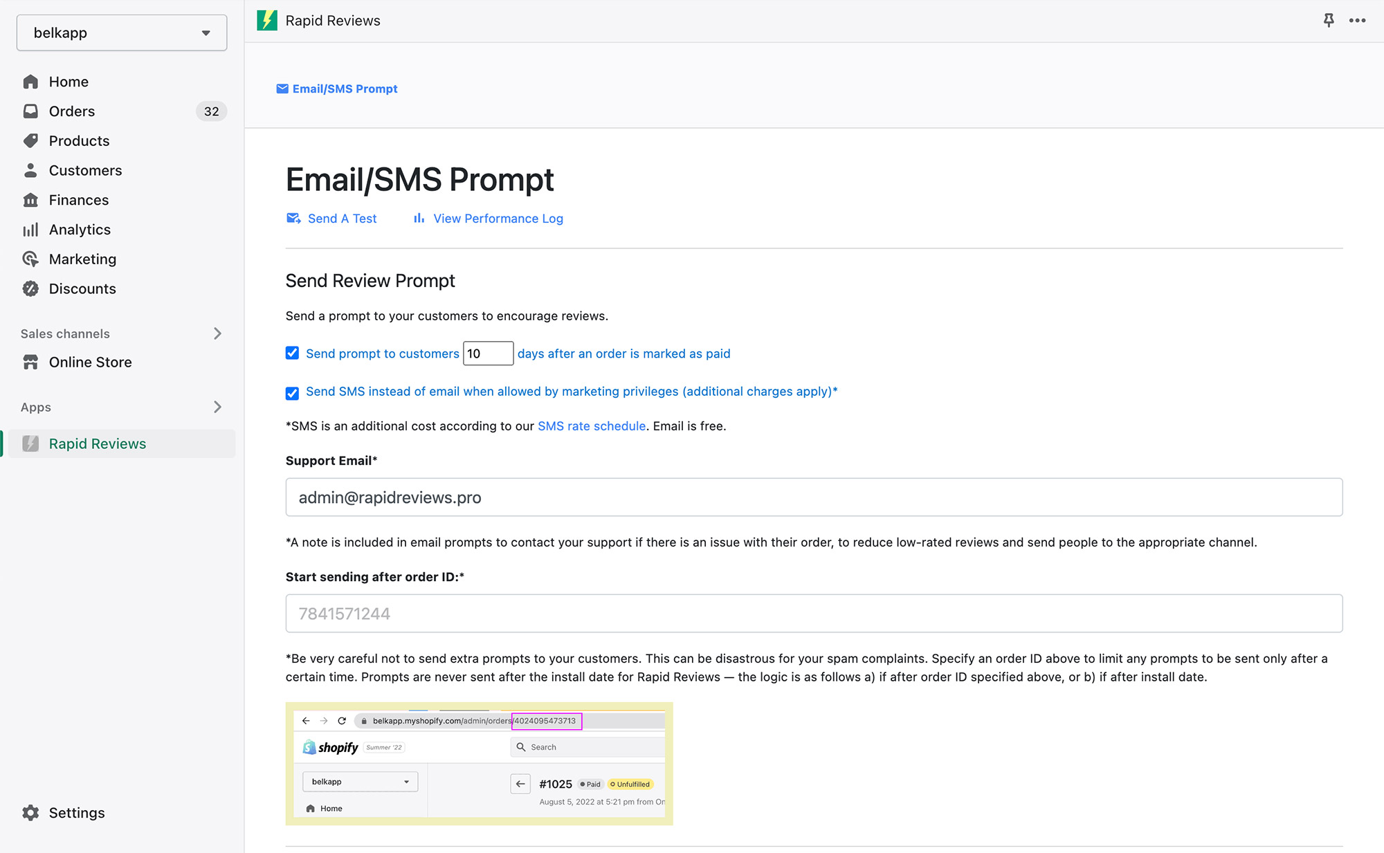 Shopify App Admin - Email/SMS Review Prompt - Settings 01