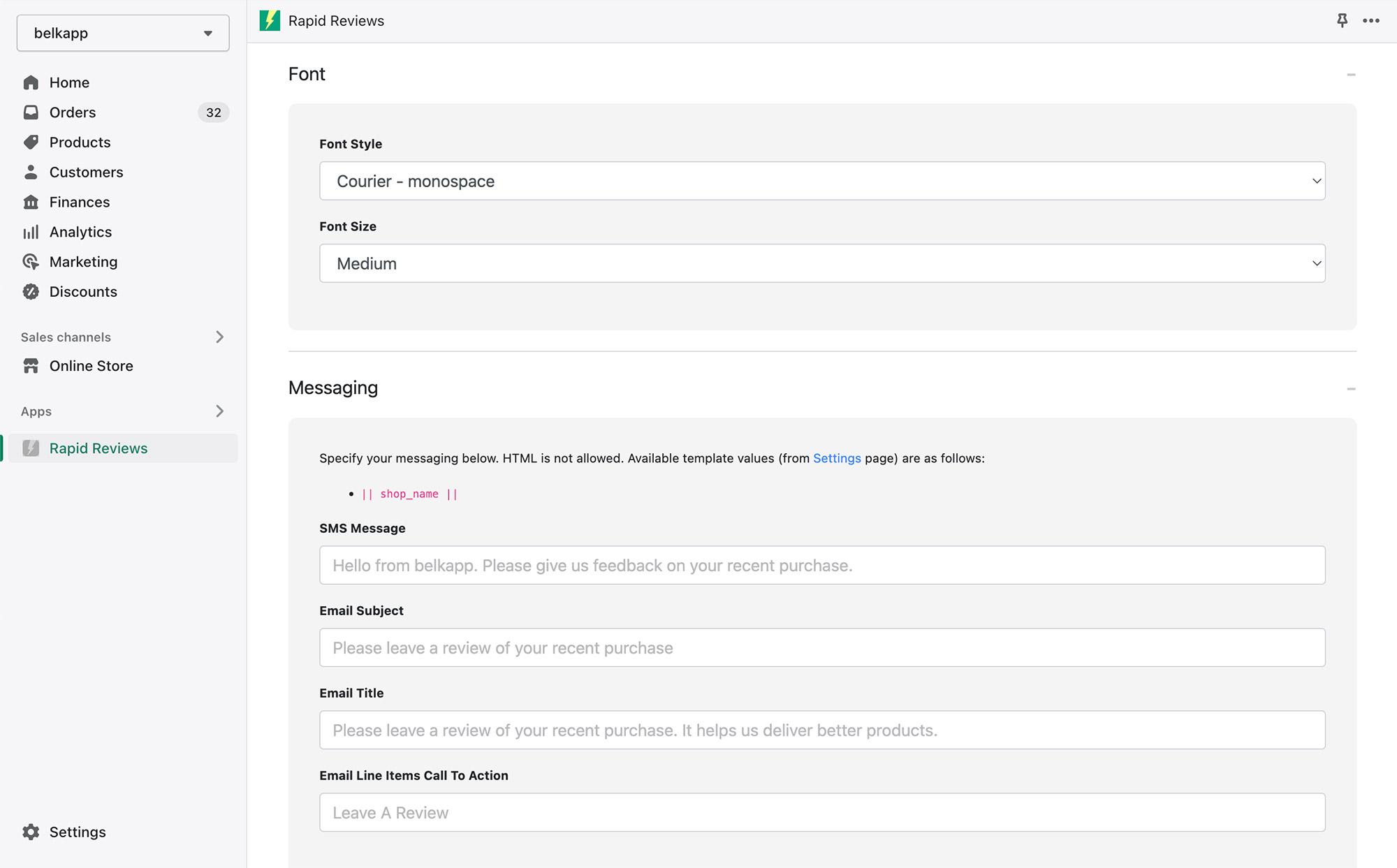 Shopify App Admin - Email/SMS Review Prompt - Settings 02