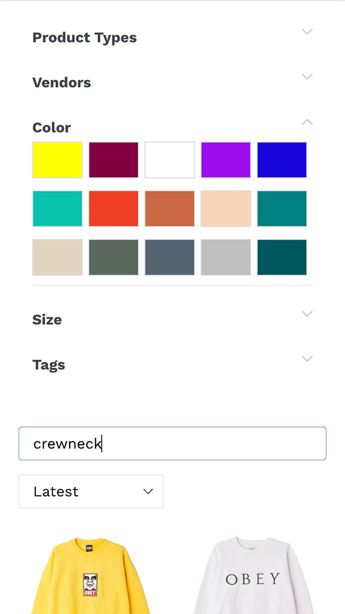 Shopify Search Collection Filtering App Variant Option Colors Mobile